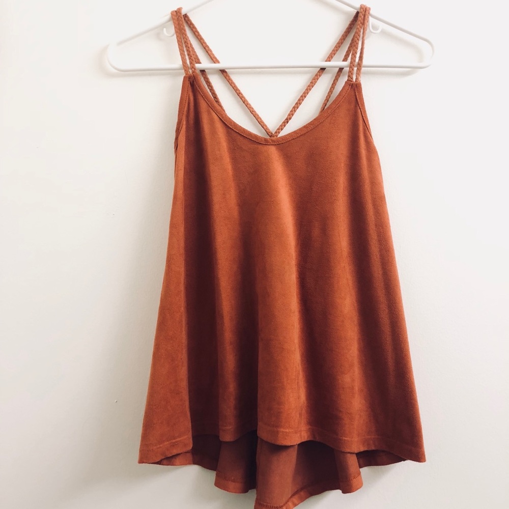 Burnt Orange Faux Suede Loose Cross Back Tank Top